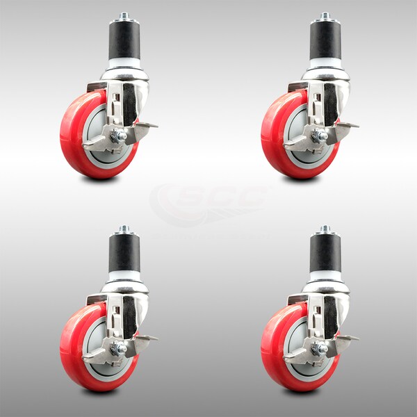 Service Caster 4 Inch 316SS Red Poly Swivel 1-7/8 Inch Expanding Stem Caster Set Brake SCC SCC-SS316EX20S414-PPUB-RED-TLB-178-4 - main